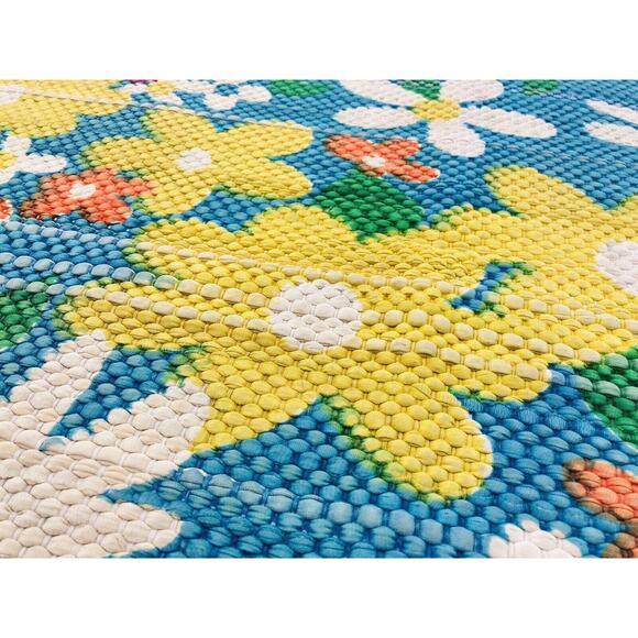 Vintage 70's Flower Power Groovy Rag Throw Rug 44"x24" Granny Core Wall Art Blue - Picture 6 of 12